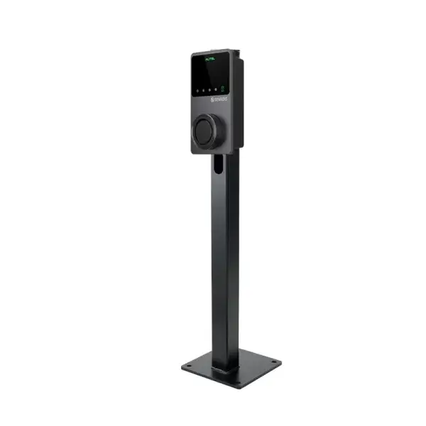 black MaxiCharger EV charger on pedestal from the side